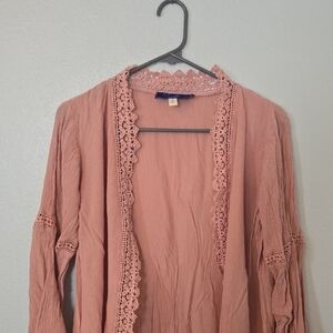 Blue Rain | Rose Pink Lace Trim Wrap Kimono Size Small